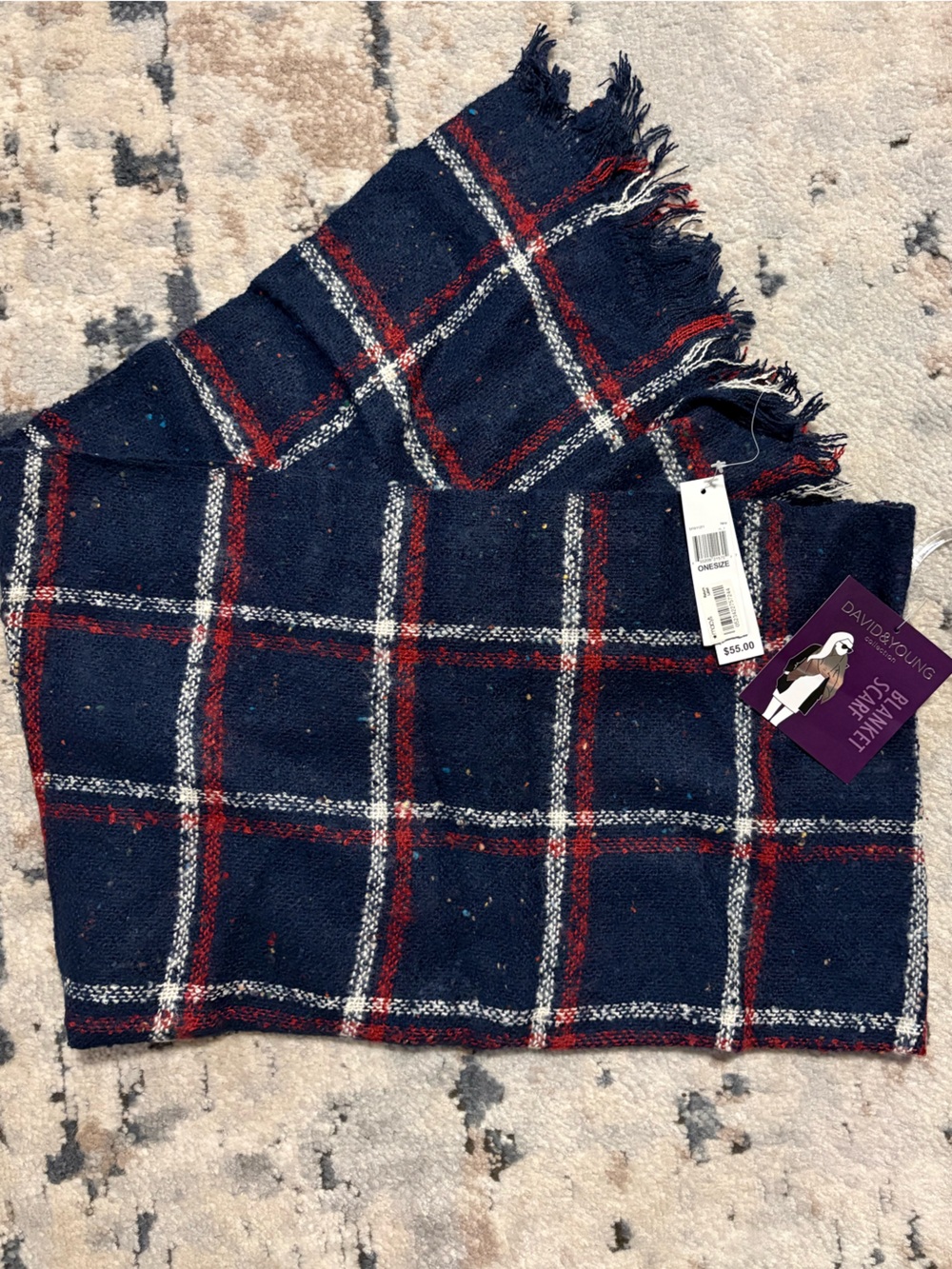 David and Young Navy Plaid Fringe Scarf with Red & White Stripes